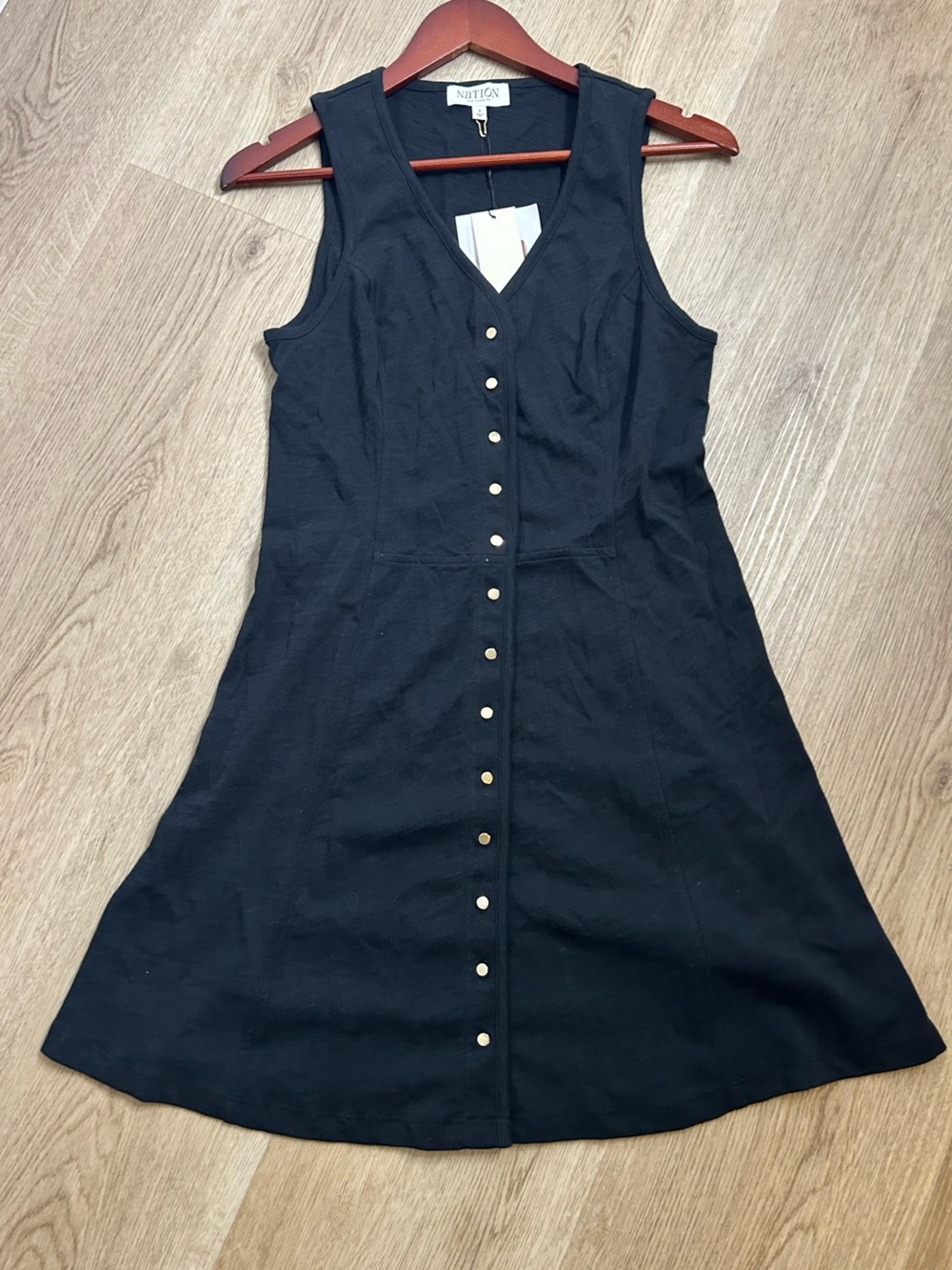 NWT Nation LA 100% Cotton Black Gold Button V - Neck Button Down Mini Dress - Picture 7 of 15